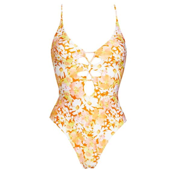 L SPACE Topanga Classic Floral One-Piece Swimsuit Brown Yellow - Picture 10 of 11